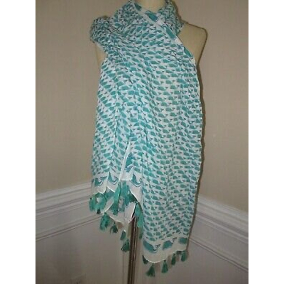 Vineyard Vines Green Blue White Whale  Tassel Scarf lightweight - Picture 5 of 9